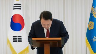 South Korean President Yoon Suk-Yeol speaks to the nation at the Presidential Office on December 14, 2024 in Seoul, South Korea.