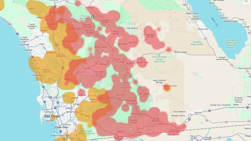 An SDG&E map showing areas in red that have power cut amid fire weather conditions on Tuesday, Dec. 10, 2024. Areas in orange have the potential to have their power cut.