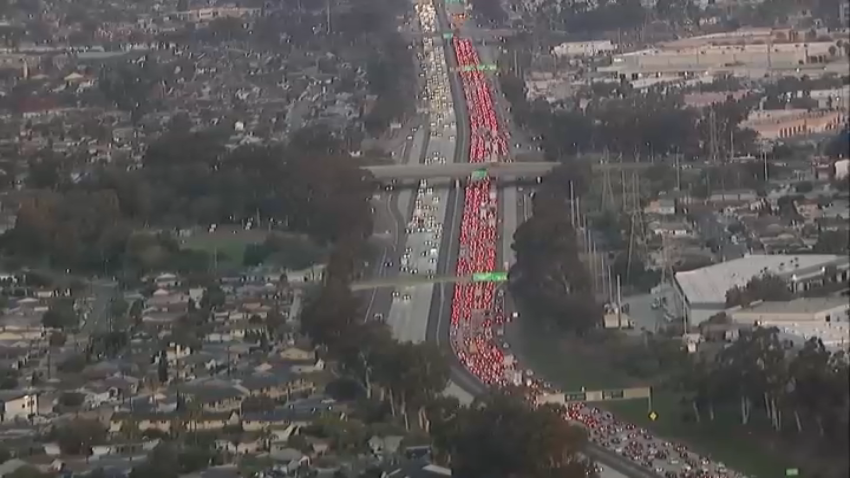 Gridlock traffic on I-805 near SR-52 on Dec. 16, 2024 after a semi-truck crash caused an oil spill.