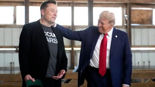 FILE – Tesla and SpaceX CEO Elon Musk, left, and Republican presidential nominee former President Donald Trump attend a campaign event at the Butler Farm Show, Oct. 5, 2024, in Butler, Pa.