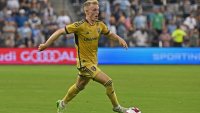 KANSAS CITY, KS – JULY 12:  Jasper Loffelsend #28 of Real Salt Lake dribbles the ball in the first half against Sporting Kansas City on July 12, 2023 at Children’s Mercy Park in Kansas City, Kansas.  (Photo by Peter G. Aiken/Getty Images)