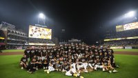 SAN DIEGO, CALIFORNIA – OCTOBER 2: The San Diego Padres pose for the group photo after winning game two of the Wild Card Series against the Atlanta Braves at Petco Park on October 2, 2024 in San Diego, California. (Photo by Matt Thomas/San Diego Padres/Getty Images)