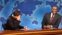 SATURDAY NIGHT LIVE -- Episode 1874 -- Pictured: (l-r) Anchor Colin Jost and anchor Michael Che during Weekend Update on Saturday, December 21, 2024 -- (Photo by: Will Heath/NBC via Getty Images)