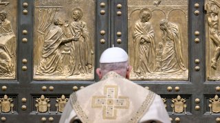 Pope Francis officially inaugurates the 2025 Jubilee Year with the solemn opening of the Holy Door at St. Peter's Basilica on Dec. 24, 2024 in Vatican City, Vatican.