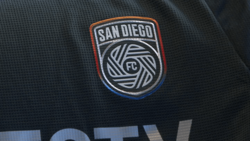 A logo for San Diego FC on a jersey.