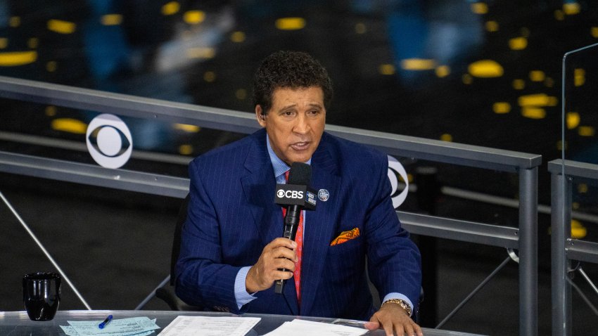 Apr 5, 2021; Indianapolis, IN, USA; CBS announcer Greg Gumbel prior to the national championship game in the Final Four of the 2021 NCAA Tournament between the Gonzaga Bulldogs and the Baylor Bears at Lucas Oil Stadium. Mandatory Credit: Kyle Terada-USA TODAY Sports