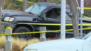 A truck with bullet holes sits outside the El Cajon Police Department after a shooting involving a police on Dec. 11, 2024.