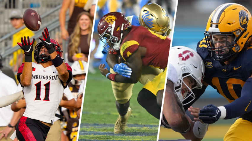 Football players for San Diego State, USC, UCLA, Cal and Stanford are pictured.