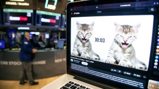 A holding page for Keith Gill, a Reddit user credited with inspiring GameStop’s rally, before a YouTube livestream arranged on a laptop at the New York Stock Exchange on June 7, 2024.