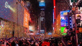 A view of the ball drop during Times Square New Year’s Eve 2025 Celebration on December 31, 2024 in New York City. 