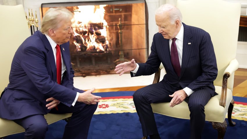 U.S. President Joe Biden shakes hands with U.S. President-elect Donald Trump in the Oval Office of the White House on November 13, 2024 in Washington, DC. 