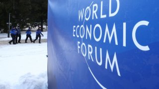 Swiss police patrol outside the Congress Center ahead of the World Economic Forum in Davos, Switzerland, on Jan. 19, 2025.
