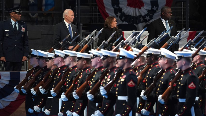 Chairman of the Joint Chiefs of Staff Gen. CQ Brown, from left, President Joe Biden, Vice President Kamala Harris and Defense Secretary Lloyd Austin