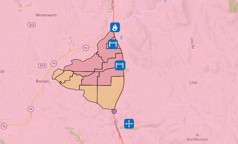 Mandatory evacuations ordered after - Bonsall Fire Evac Map 