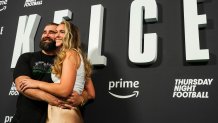 PHILADELPHIA, PA - SEPTEMBER 08: (L-R) Jason Kelce poses for a photo with Kylie Kelce during the Kelce documentary premiere at Suzanne Roberts Theater on September 8, 2023 in Philadelphia, Pennsylvania. (Photo by Cooper Neill/Getty Images)