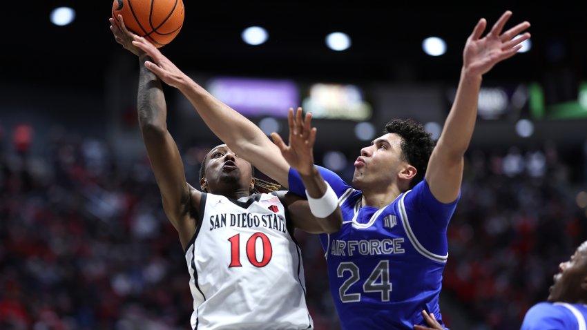 SAN DIEGO, CALIFORNIA – JANUARY 08: BJ Davis #10 of the San Diego State Aztecs drives past the defense of Jeffrey Mills #24 of the Air Force Falcons during the first half of a game at Viejas Arena at San Diego State University on January 08, 2025 in San Diego, California.  (Photo by Sean M. Haffey/Getty Images)