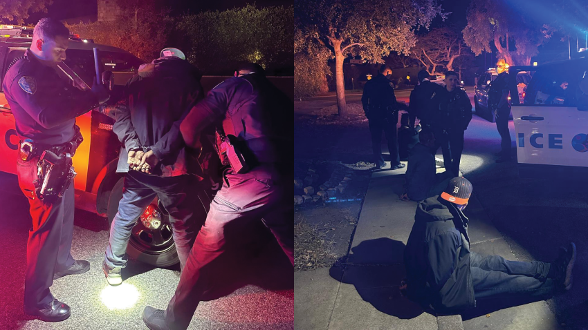 Handout photos from the Santa Monica Police Department show officers detaining several people near the Palisades Fire evacuation zone Saturday.