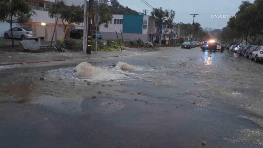 A water main break happened in the Point Loma Heights neighborhood of San Diego on Jan. 4, 2025. (OnScene.TV)