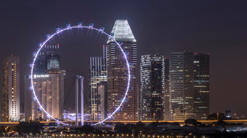 An undated photography of a night view of the Singapore skyline from the Marina Barrage.