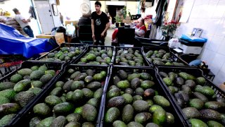Boxes of avocados are seen at the Central de Abastos market in Guadalajara, Jalisco state, Mexico, on Jan. 31, 2025.