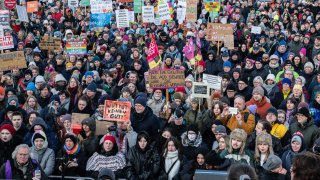 Tens of thousands protest advances made by the AfD on Feb. 16, 2025 in Berlin, Germany ahead of the federal election.