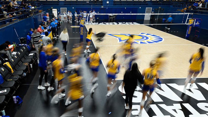 FILE -The San Jose State players take the court for warm ups before an NCAA women's college volleyball match against Air Force, Thursday, Oct. 31, 2024, in San Jose, Calif.