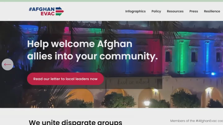 Image shows Afghan Evac website, as members of San Diego's military community call on lawmakers to help Afghans who helped the US during the War.