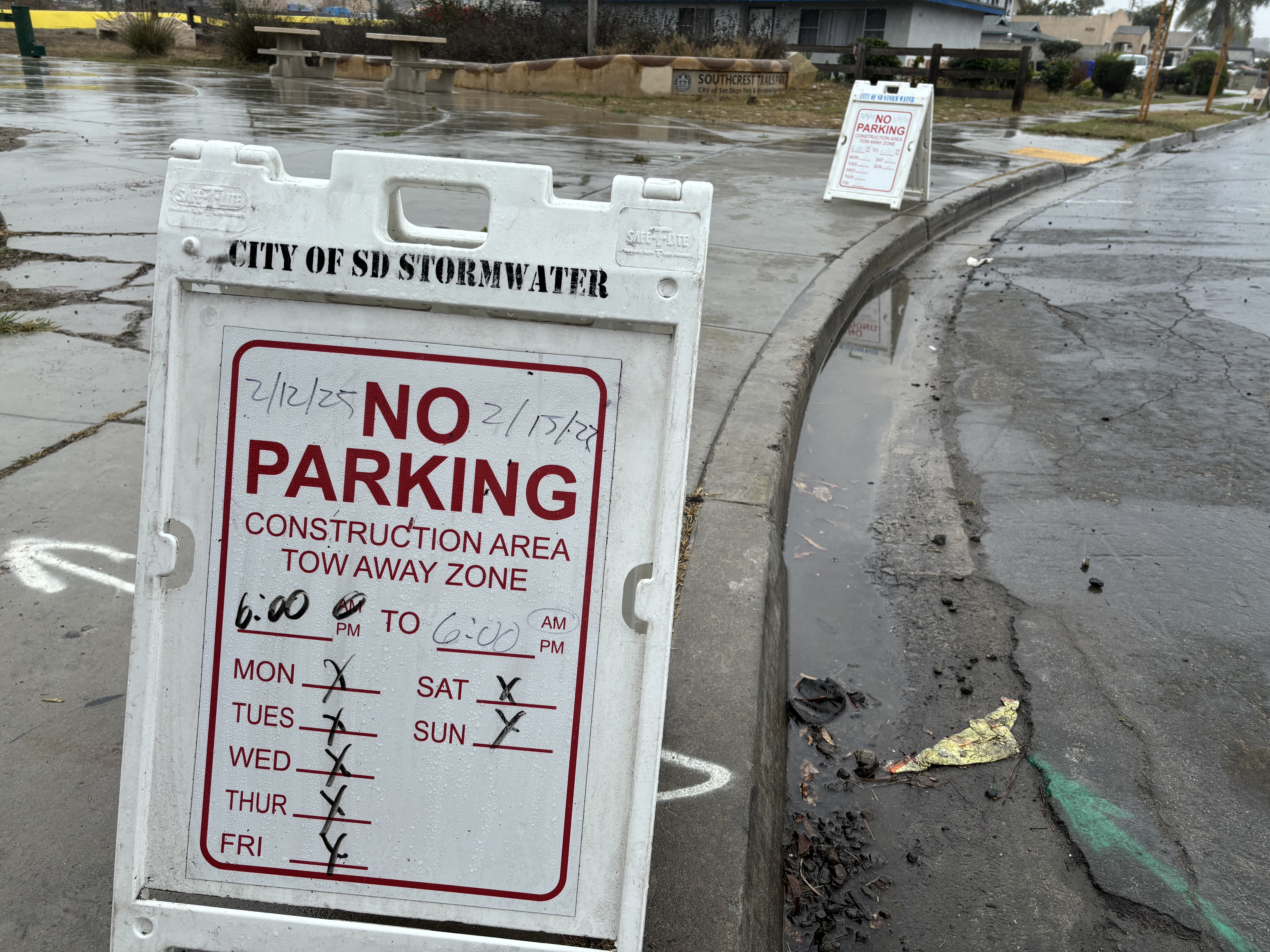 A no parking sign is placed in the Southcrest neighborhood ahead of expected rain, Feb. 12, 2025.
