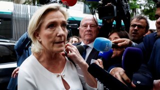 Marine Le Pen, member of parliament and French far-right National Rally (Rassemblement National – RN) party leader, arrives at the RN party headquarters in Paris, France, July 1, 2024.
