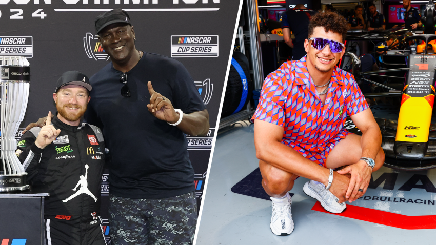 Split image of Michael Jordan with Tyler Reddick and Patrick Mahomes at F1