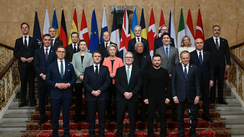 Britain's Prime Minister Keir Starmer, front center, hosts the European leaders' summit