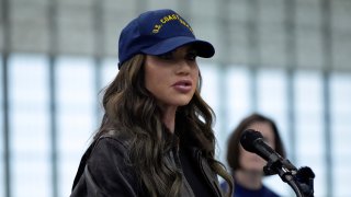 Homeland Security Secretary Kristi Noem speaks at U.S. Coast Guard Air Station Kodiak during a tour, Monday, March 17, 2025, in Kodiak, Alaska.