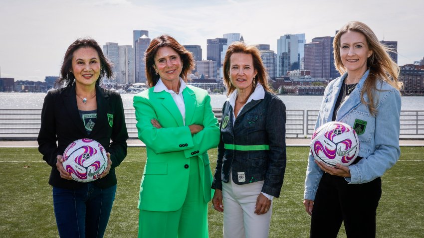 Boston, MA – September 15: Ami Kuan Danoff, Stephanie Connaughton, Jennifer Epstein and Anna Palmer pose for a portrait at LoPresti Park. The women, under the leadership of principal owner and controlling manager Jennifer Epstein, will be launching the National Women’s Soccer League team in Boston. (Photo by Erin Clark/The Boston Globe via Getty Images)