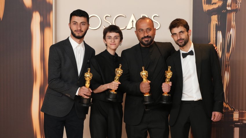L-R) Basel Adra, Rachel Szor, Hamdan Ballal, Yuval Abraham