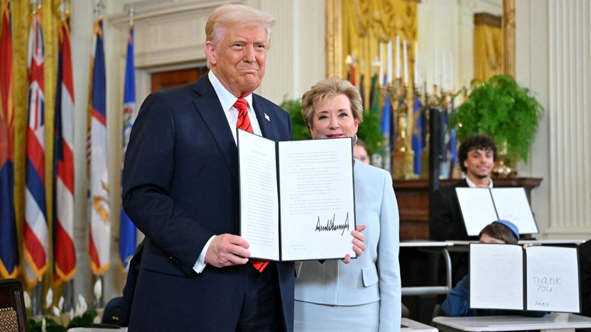 President Donald Trump holds an executive order alongside Secretary of Education Linda McMahon (R) in the East Room of the White house in Washington, D.C., March 20, 2025.