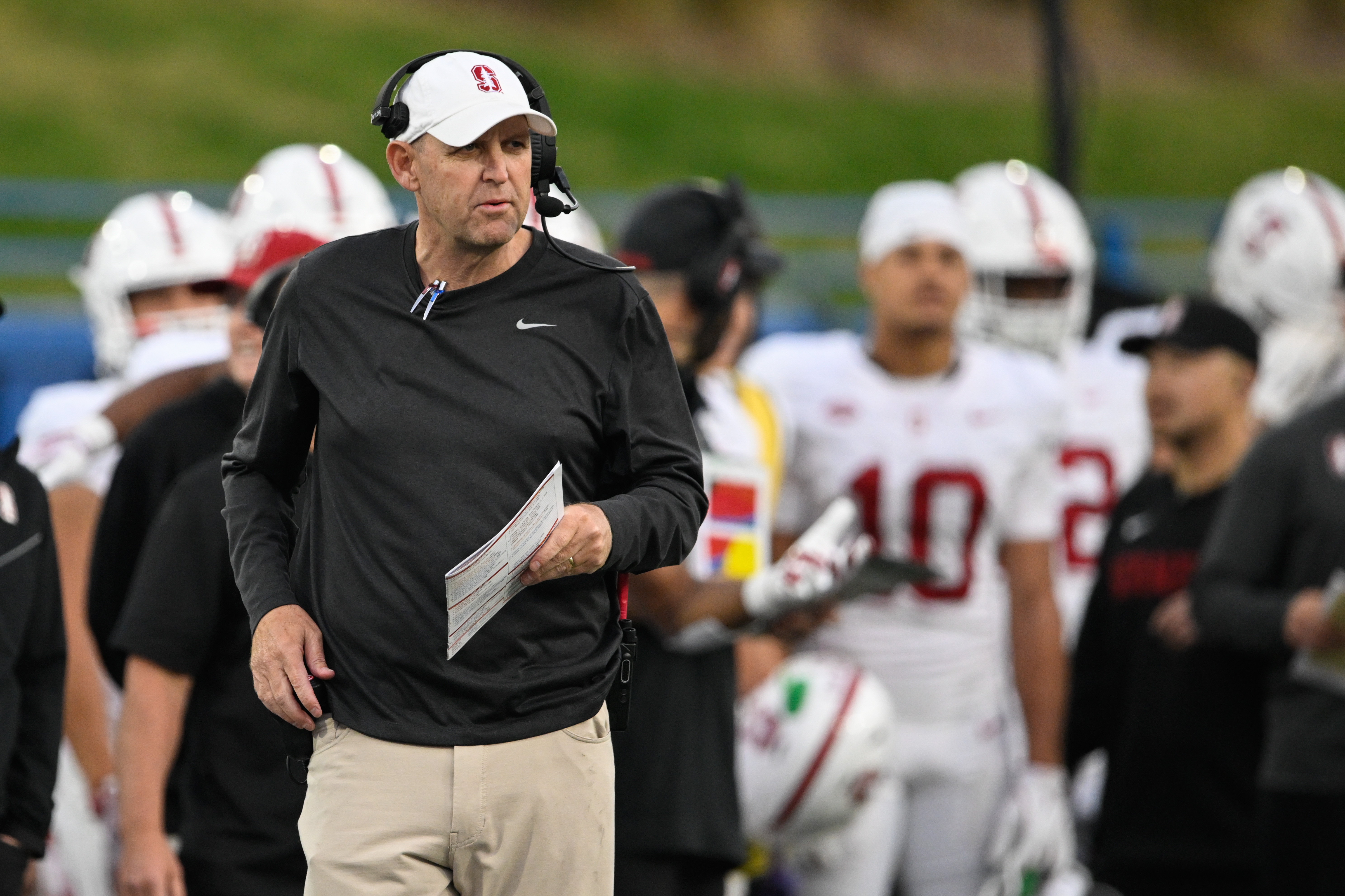 Nov 29, 2024; San Jose, California, USA; Stanford Cardinal head coach Troy Taylor looks on against the San Jose State Spartans in the fourth quarter at CEFCU Stadium.