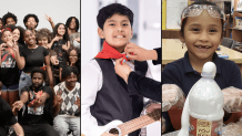 A triptych with an image of a group of young people, a boy with a kerchief tied around his neck, and a girl performing a science experiment.