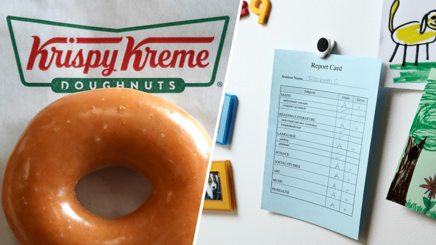 (Left) Krispy Kreme doughnut, (Right) Report card on a fridge.