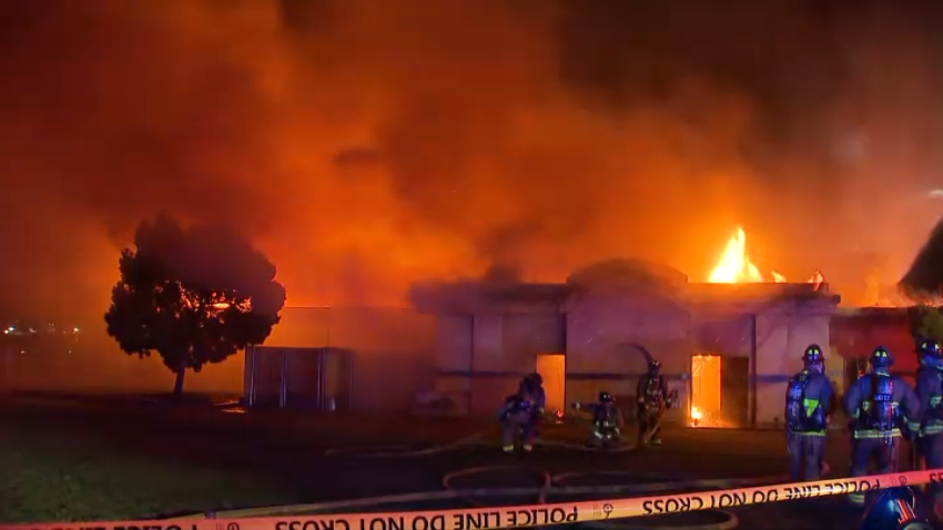 Firefighters battling a blaze that broke out at an abandoned building at Liberty Station on March 12, 2025.