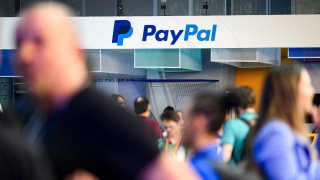 PayPal branding during day two of Web Summit Rio 2023 at Riocentro in Rio de Janeiro, Brazil, on May 3, 2023.