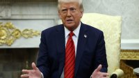 U.S. President Donald Trump speaks as he meets with Italian Prime Minister Giorgia Meloni (not pictured) in the Oval Office at the White House in Washington, D.C., U.S., April 17, 2025.