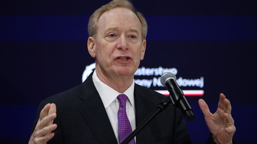 Microsoft President Brad Smith speaks during signing ceremony of cooperation agreement between the Polish Ministry of Defence and Microsoft, in Warsaw, Poland, February 17, 2025.