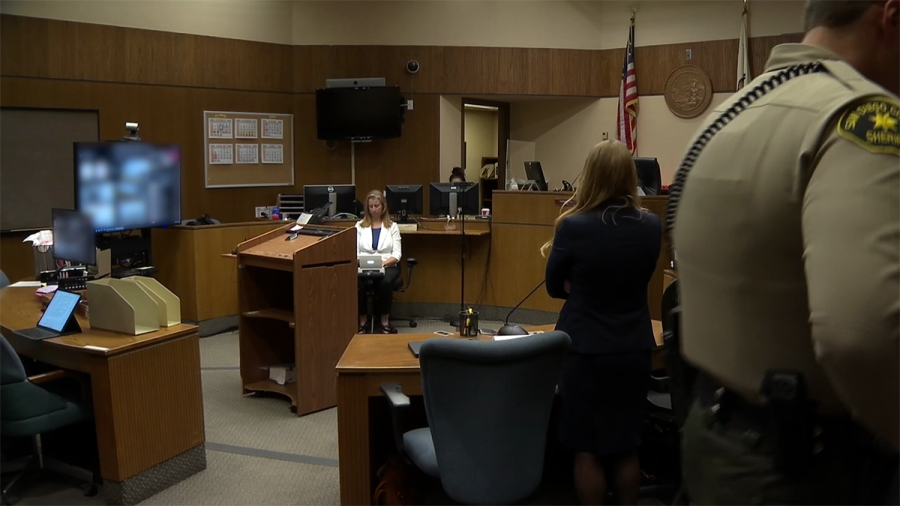 This photo shows a hearing from 2022 at the El Cajon courthouse that featured virtual attendees.