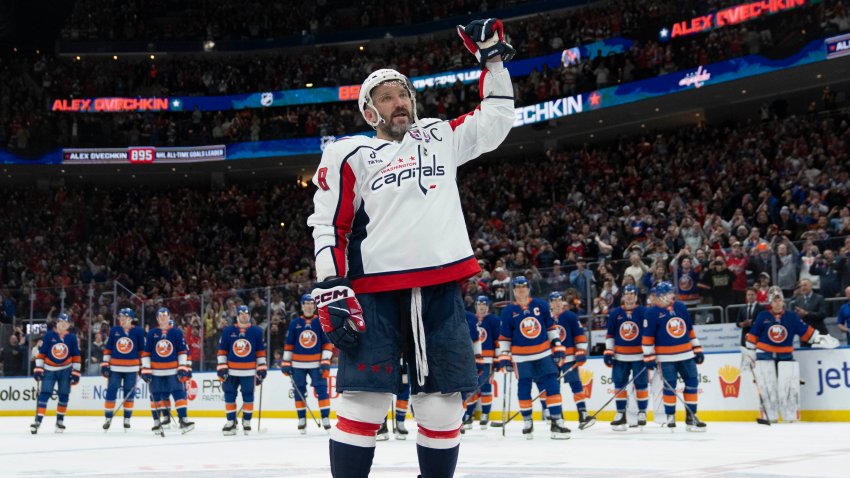 Alex Ovechkin of the Washington Capitals celebrates after scoring his 895th career goal