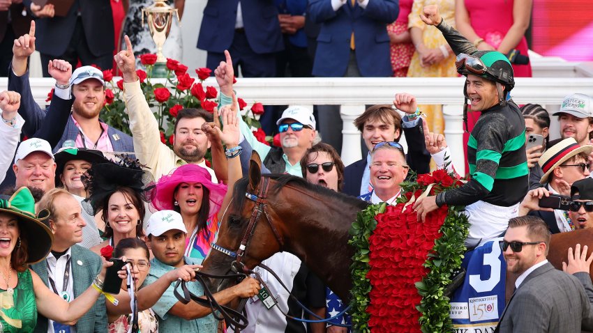 Mystik Dan's jockey Brian Hernandez Jr. celebrates