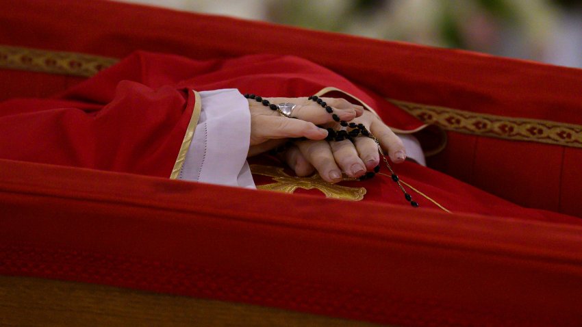 Pope Francis’s body is laid out in state inside his private chapel at the Vatican, Monday, April 21, 2025. (Vatican Media via AP, HO)