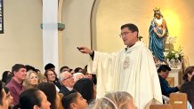 Father Scott Santarosa delivers his sermon Easter Sunday in Logan Heights, April 20, 2025.