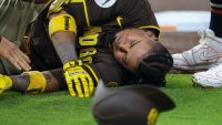 San Diego Padres designated hitter Luis Arraez was knocked unconscious after colliding with Houston Astros second baseman Mauricio Dubón in the top of the first inning during the MLB game between the San Diego Padres and Houston Astros at Daikin Park on April 20, 2025 in Houston.