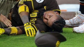 San Diego Padres designated hitter Luis Arraez was knocked unconscious after colliding with Houston Astros second baseman Mauricio Dubón in the top of the first inning during the MLB game between the San Diego Padres and Houston Astros at Daikin Park on April 20, 2025 in Houston.
