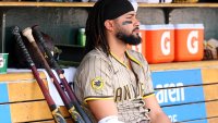 DETROIT, MICHIGAN – APRIL 23: Fernando Tatis Jr. #23 of the San Diego Padres sits in the dugout during the sixth inning while playing the Detroit Tigers at Comerica Park on April 23, 2025 in Detroit, Michigan. (Photo by Gregory Shamus/Getty Images)